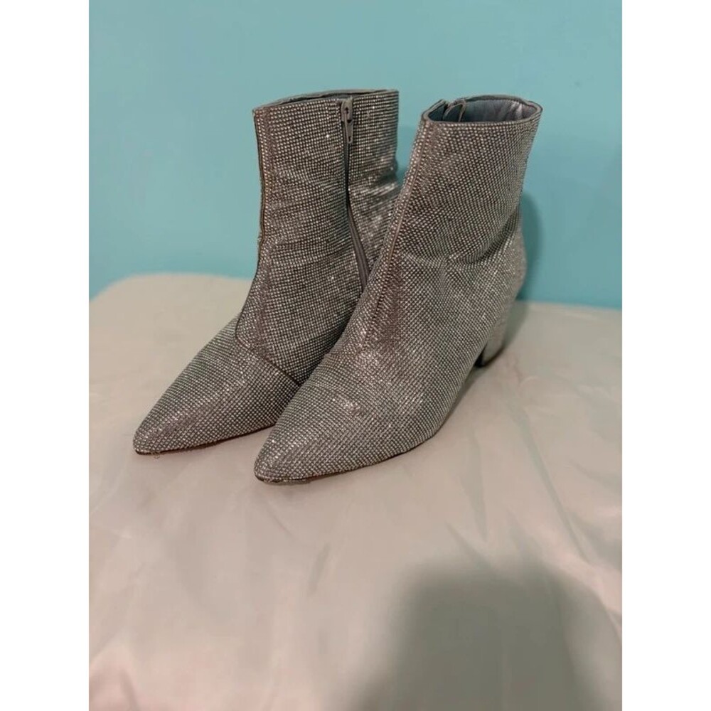 Silver Rhinestone Chunky Heel Ankle Boots Size 10 Side Zipper